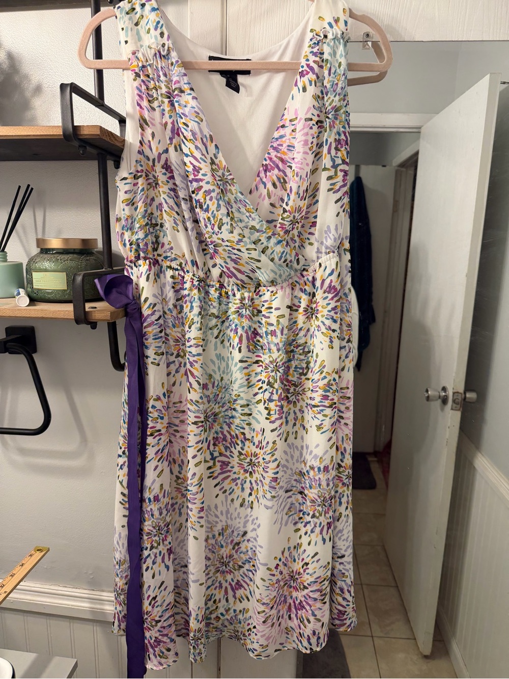 Lane Bryant White Floral-Print Wrap Midi Dress with Purple Tie